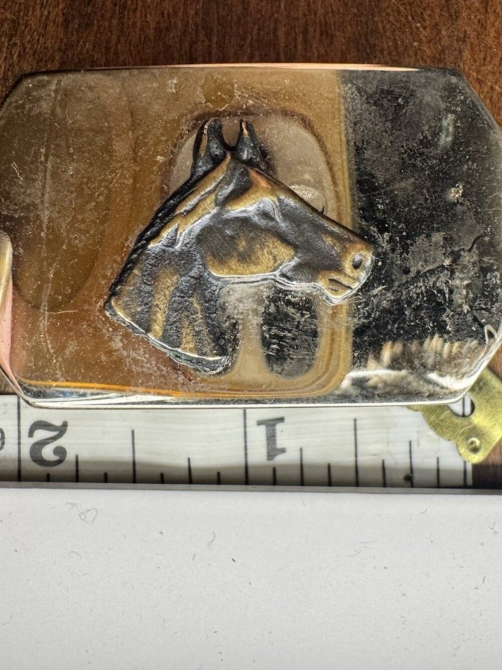 Vintage Mixed Metal Horse Head Belt Buckle Rectangular Made in USA Cowboy Wester
